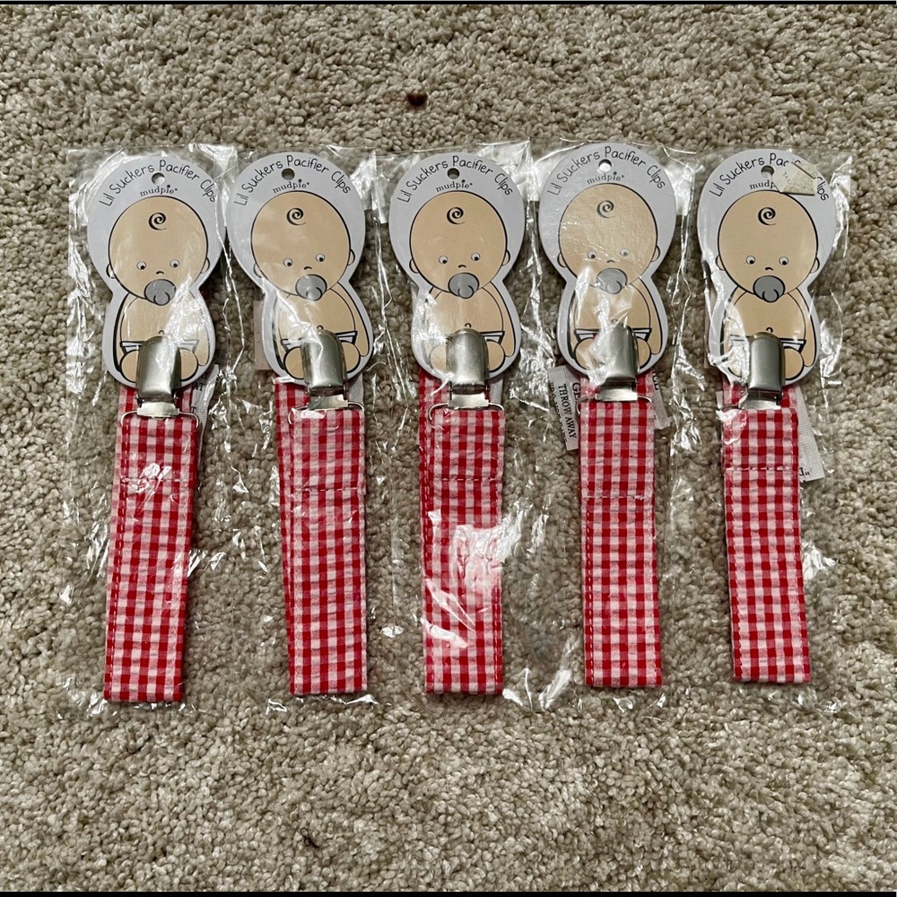 NWT 5 pc set Red & White Gingham Pacifier Clip Baby Christmas Gifts